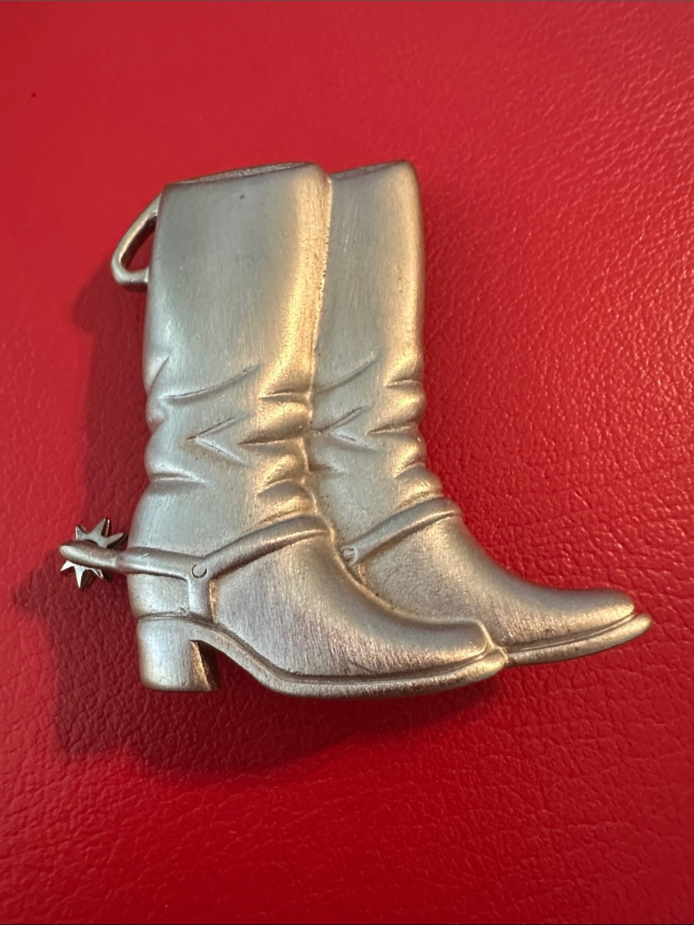 Silver Tone Western Boot Brooch Pin with Spinning spurs